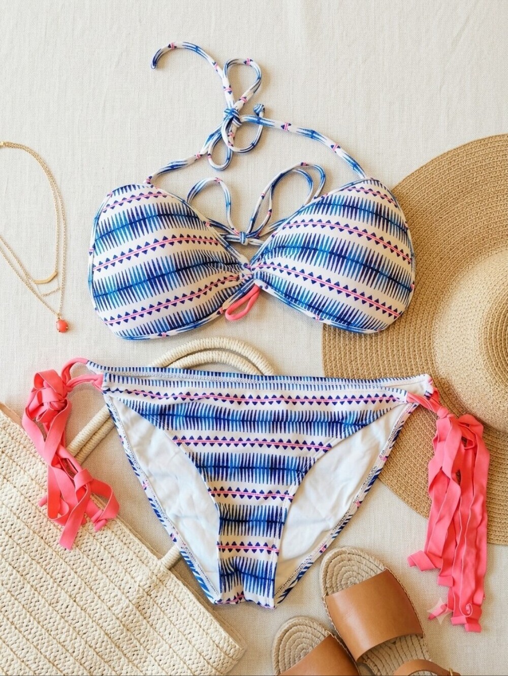 Eidon Blue White Pink Stripe Bikini Set